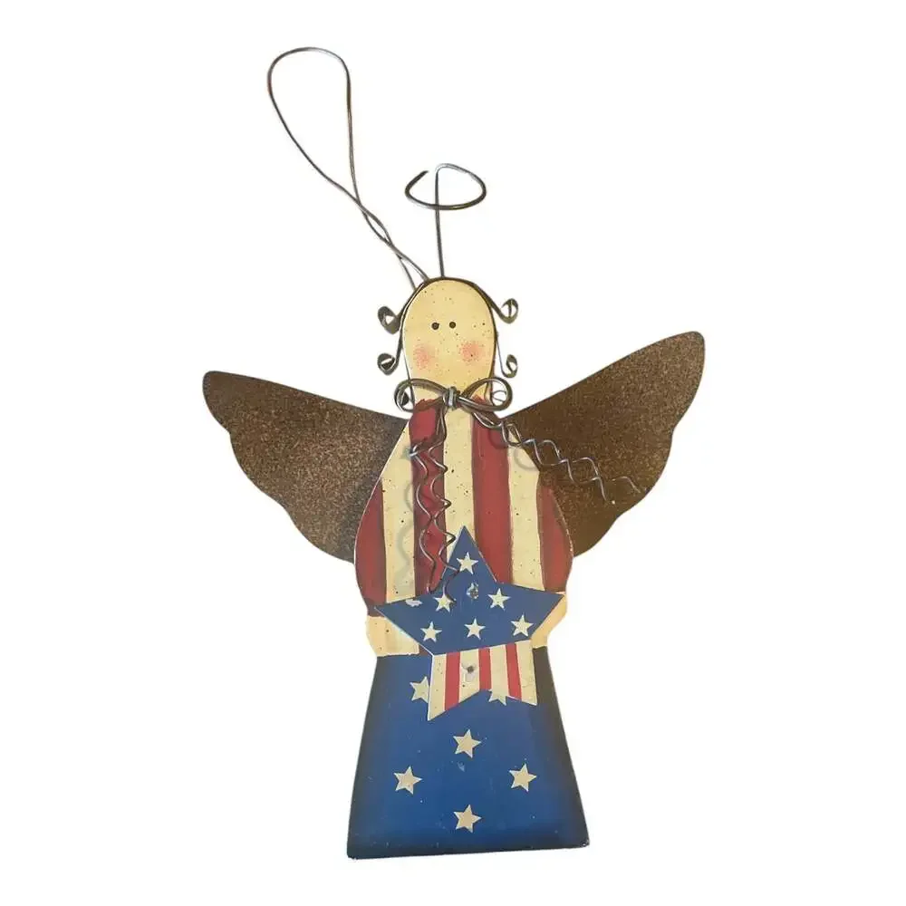 Rustic Patriotic Americana Metal Angel Hanging Ornament with Stars and Stripes